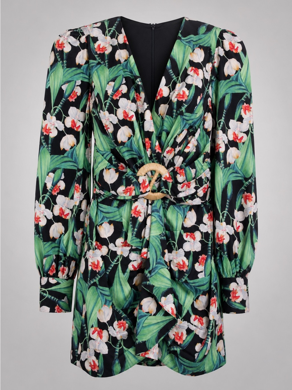 PatBO Black Floral Wrap Blazer with Green Leaf Print NWT